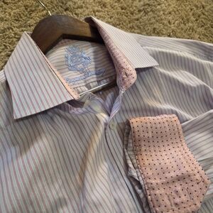 English Laundry Pink & Blue Striped Flip Cuff Premium Dress Shirt Sz 17.5 34/35